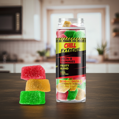 Chill Extreme 100mg Delta 8 THC Gummies - Fruity Blend On Kitchen Table