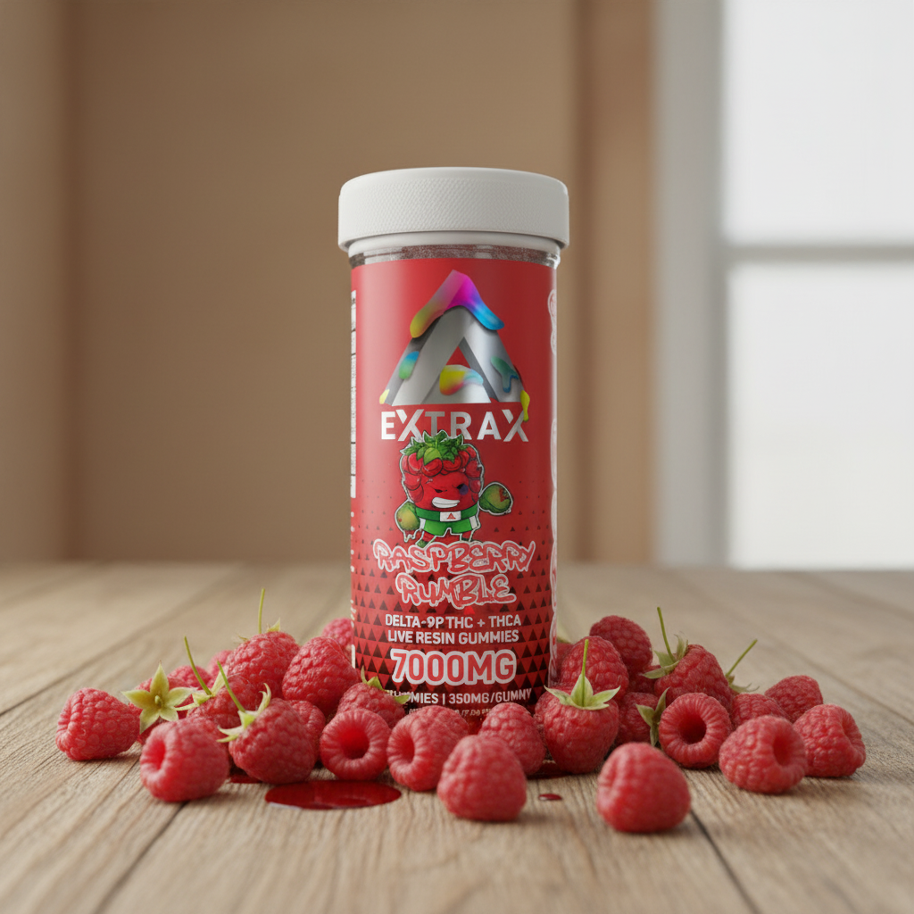 Delta Extrax Adios THCa 7000mg Gummies - Raspberry Rumble on Table with Raspberries