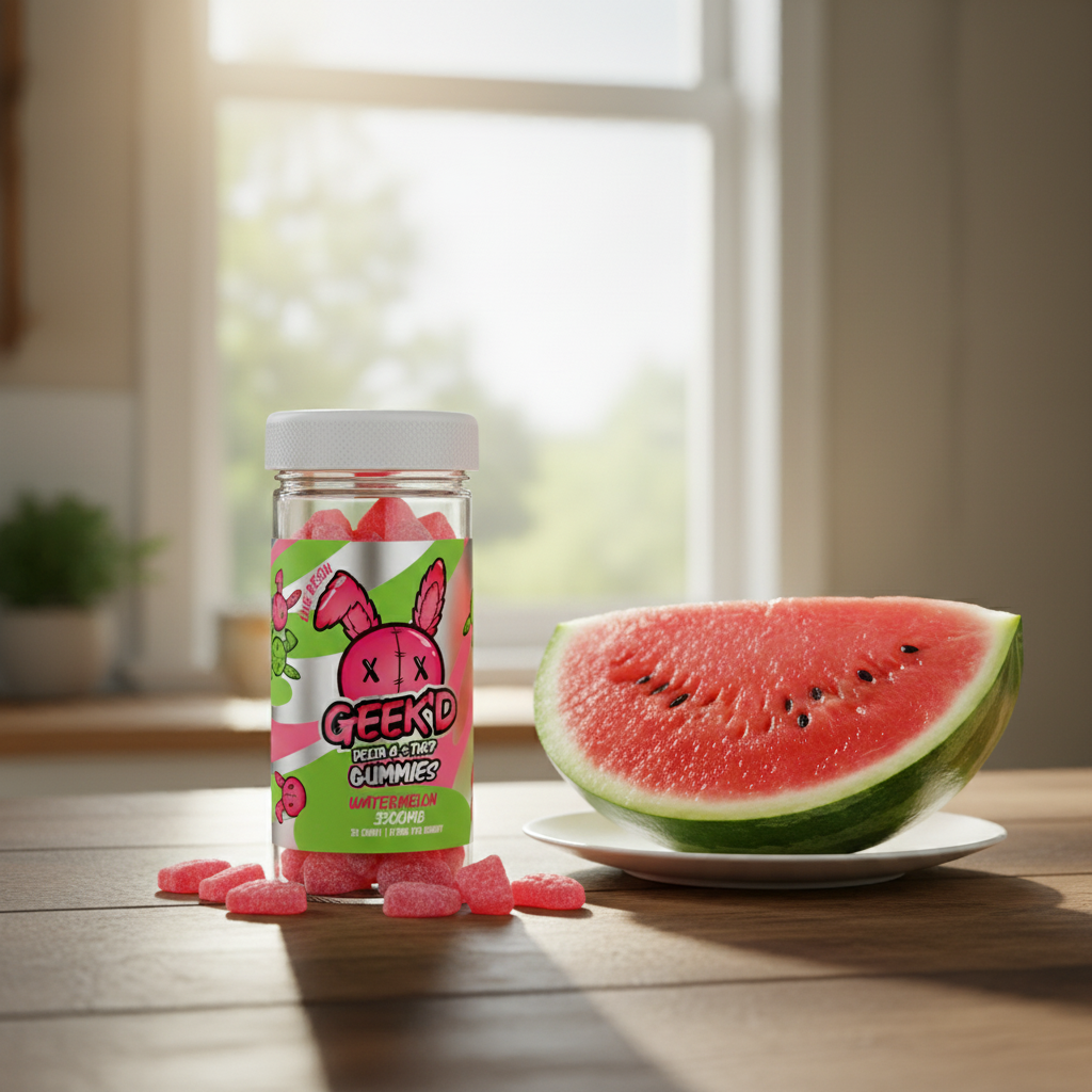 Geek'd Delta 8 + THCP Live Resin Gummies - Watermelon 3500mg on Table with Watermelon