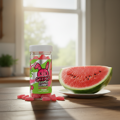Geek'd Delta 8 + THCP Live Resin Gummies - Watermelon 3500mg on Table with Watermelon